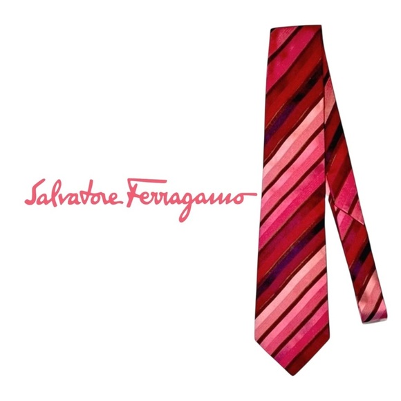 Salvatore Ferragamo Men’s Silk Necktie. Red, Purple, Pink. - Picture 11 of 12